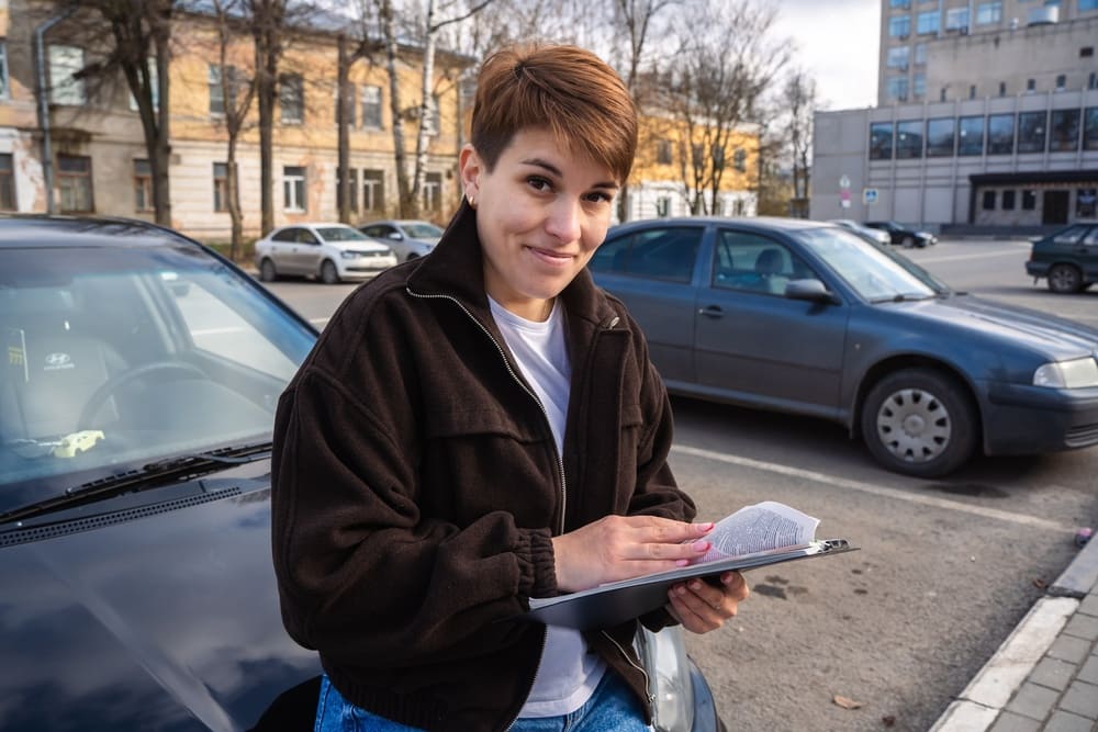 Автоинструктор Алёна Сотникова на фоне учебного автомобиля